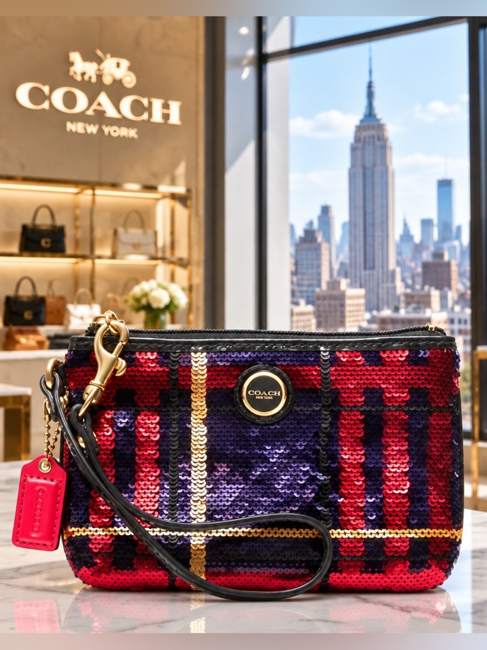 🍒COACH POPPY Plaid Tartan Sequins  Wristlet🍒